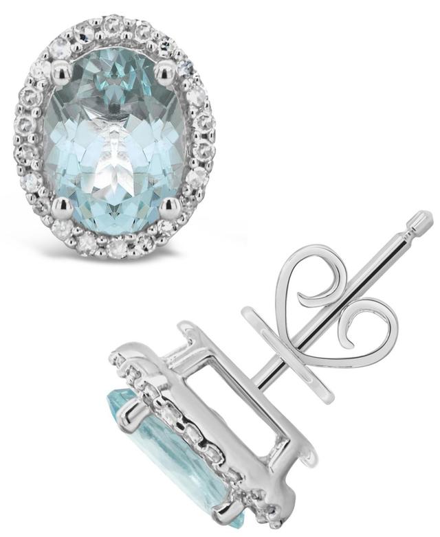 Sterling Silver Oval Aquamarine 1/5 Carat T.W. Diamond Halo Stud Earrings, Womens Product Image