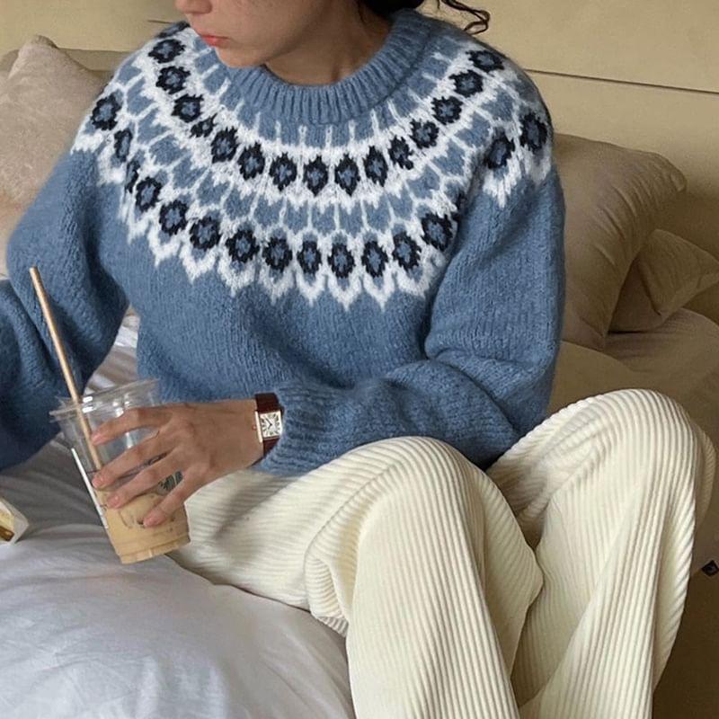 Round Neck Patterned Oversized Sweater Product Image