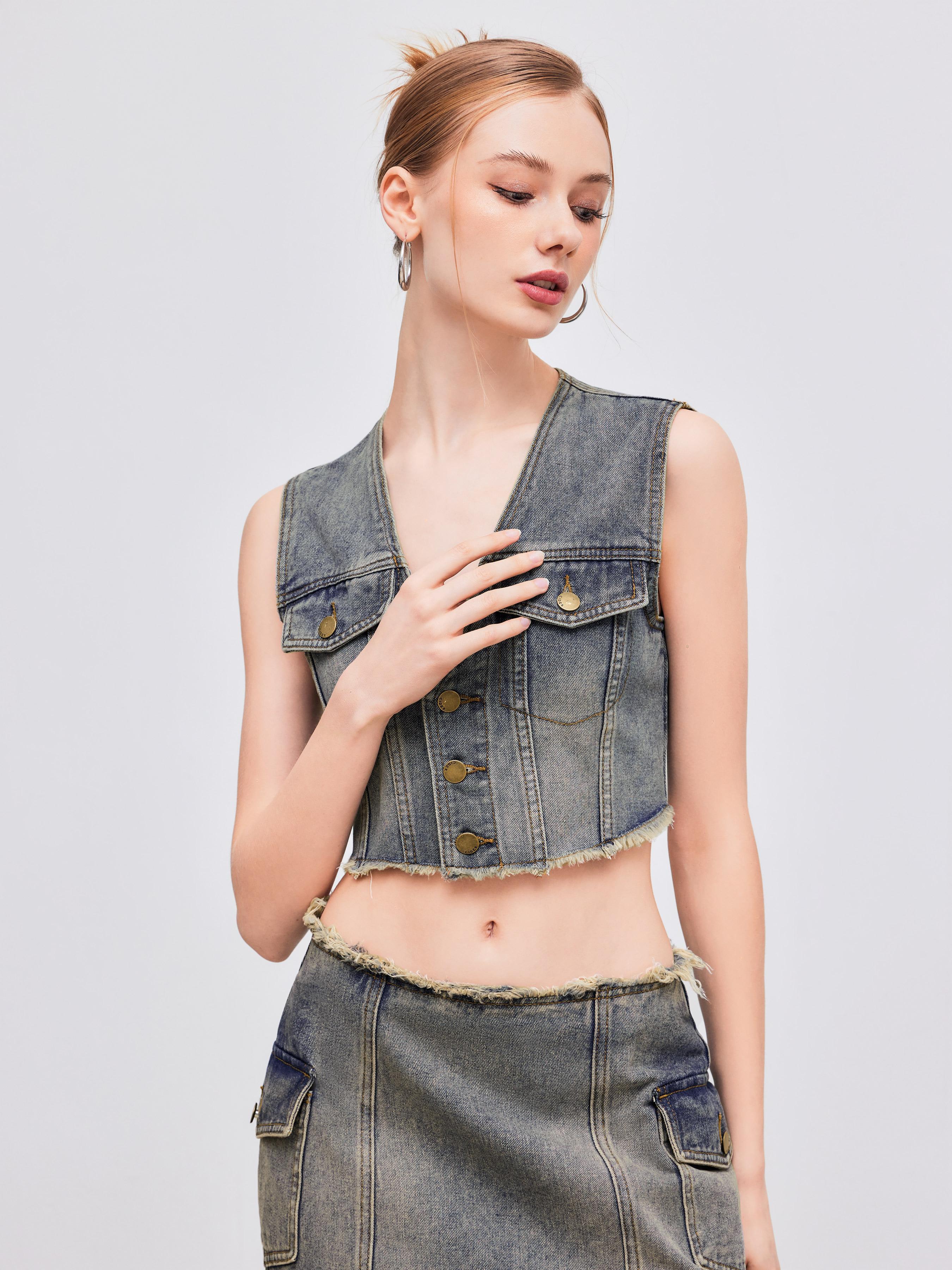 Denim V-neck Washed Pocket Crop Top product image