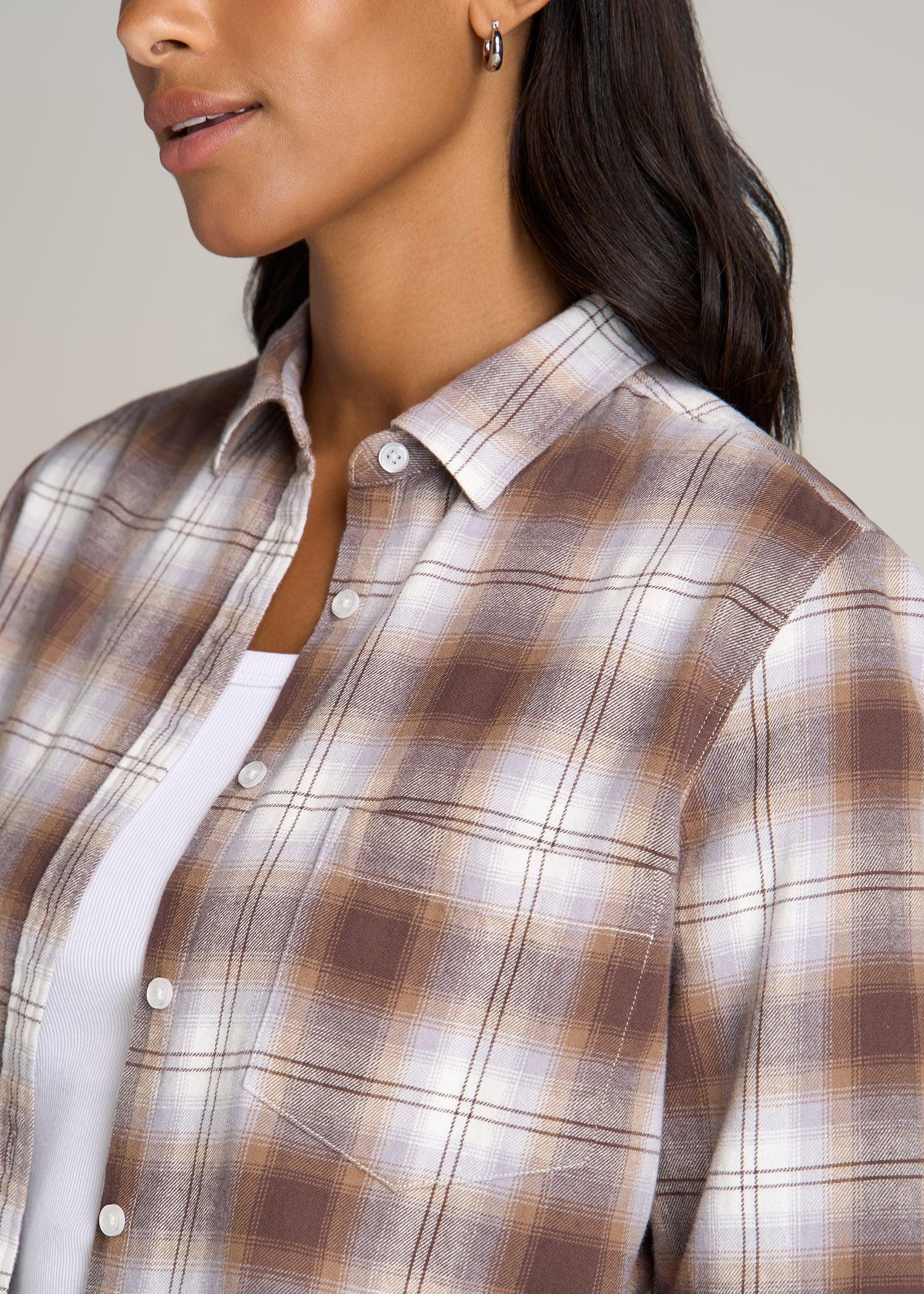 Flannel Button-Up Shirt for Tall Women in Taupe and Grey Female Product Image