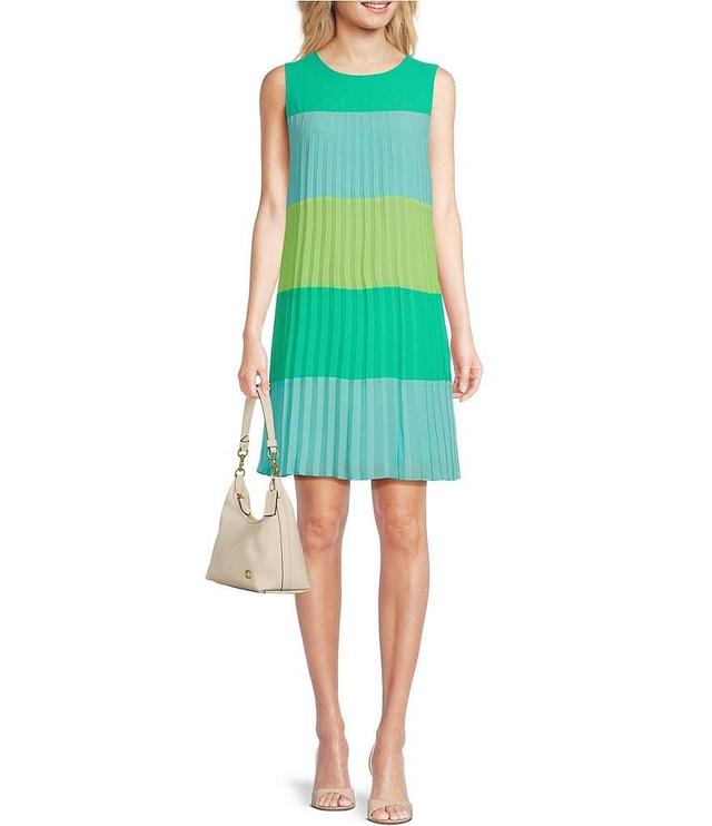 Jessica Howard Sleeveless Crew Neck Color Block Pleated Shift Dress Product Image