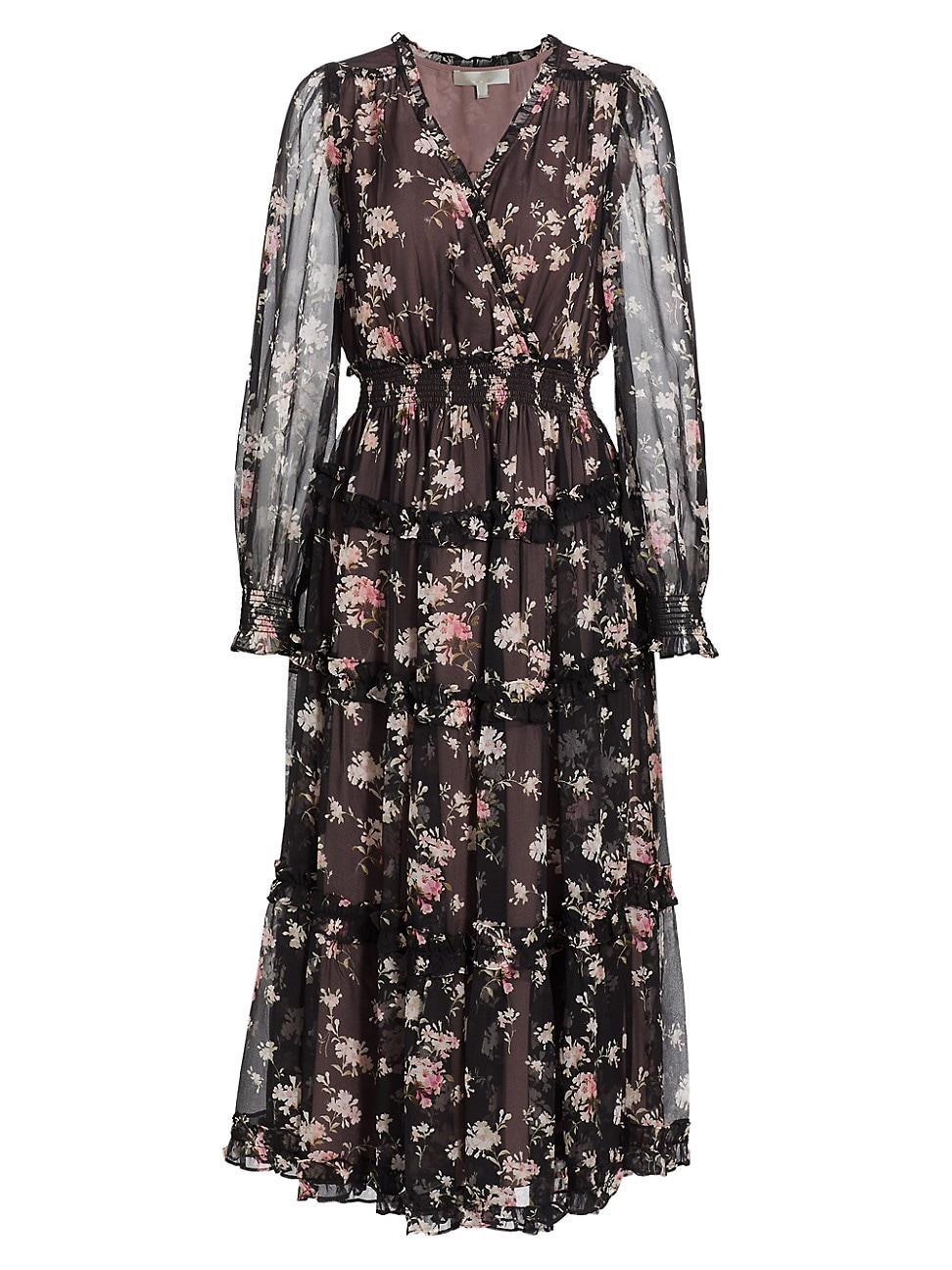 LoveShackFancy Kailo Floral Ruffle Long Sleeve Tiered Silk Midi Dress Product Image