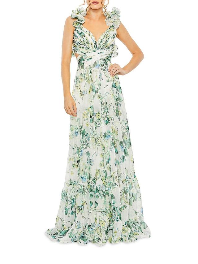 Womens Floral Chiffon Ruffle Lace-Up Gown Product Image