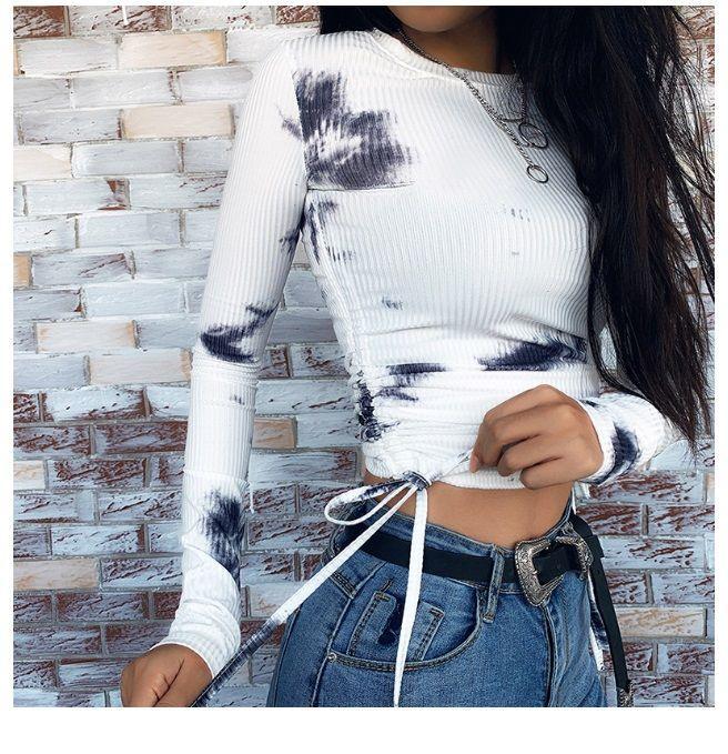 Drawstring Ribbed Long-Sleeve Tie-Dye Crop Top Product Image