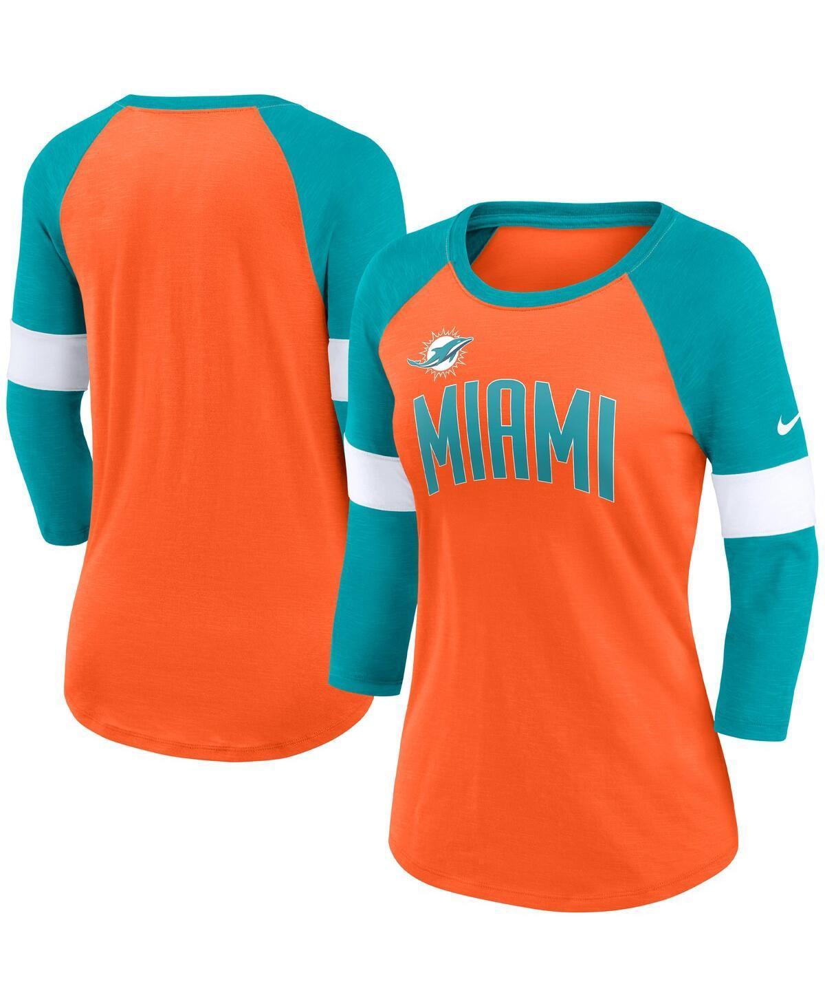 Womens Nike Miami Dolphins Orange and Aqua Football Pride Raglan 3/4-Sleeve T-shirt - Orange Product Image