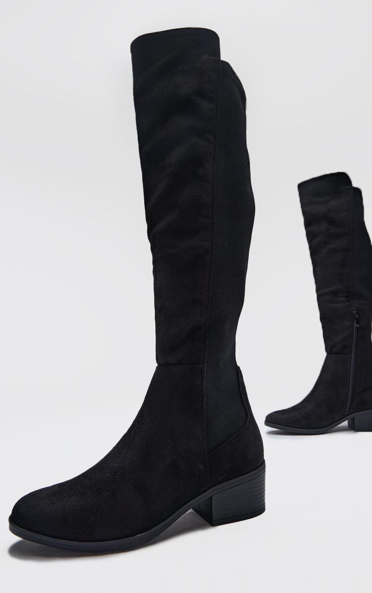 Black Faux Suede Wide Fit Round Toe Block Heel Knee High Boots Product Image