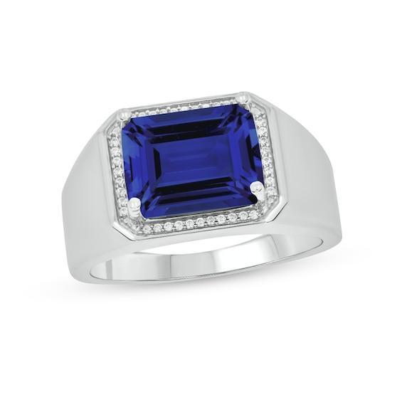 Men's Sideways Emerald-Cut Blue Lab-Created Sapphire and 1/10 CT. T.w. Diamond Frame Ring in Sterling Silver Product Image