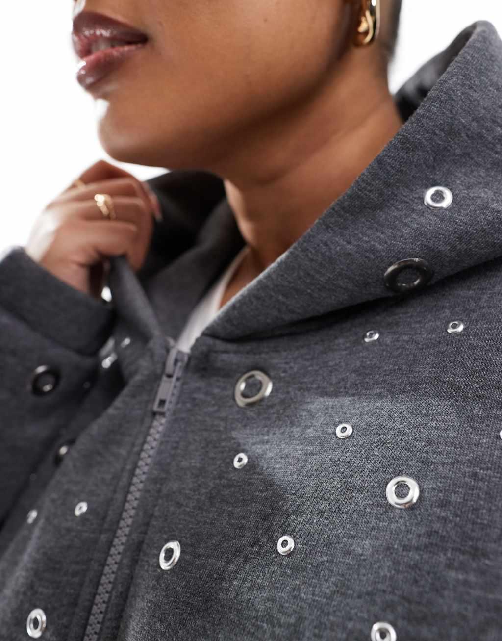 ASOS DESIGN Curve eyelet zip through hoodie in gray Product Image