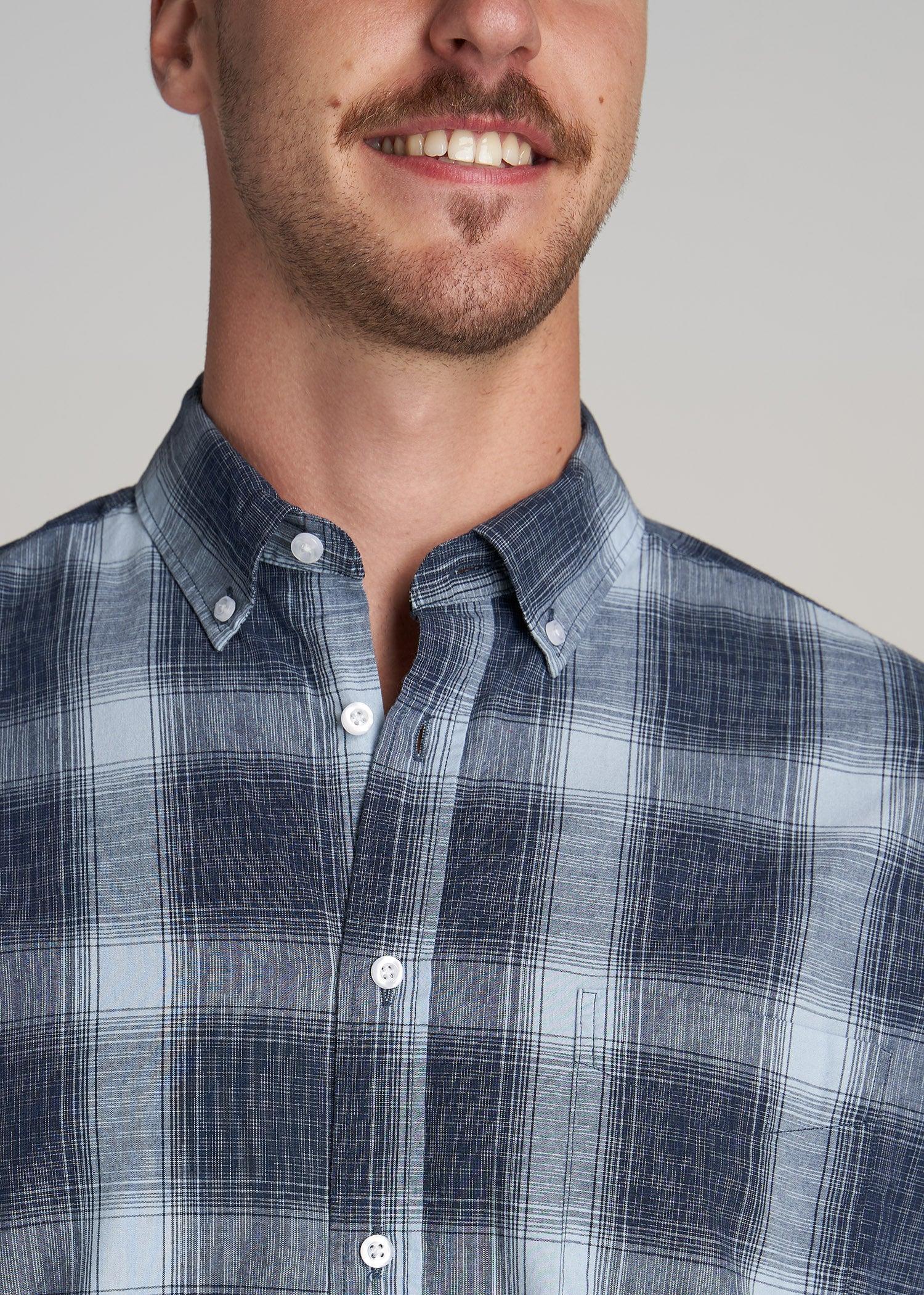 Soft-Wash Button-Up Shirt for Tall Men in Blues Plaid Male Product Image