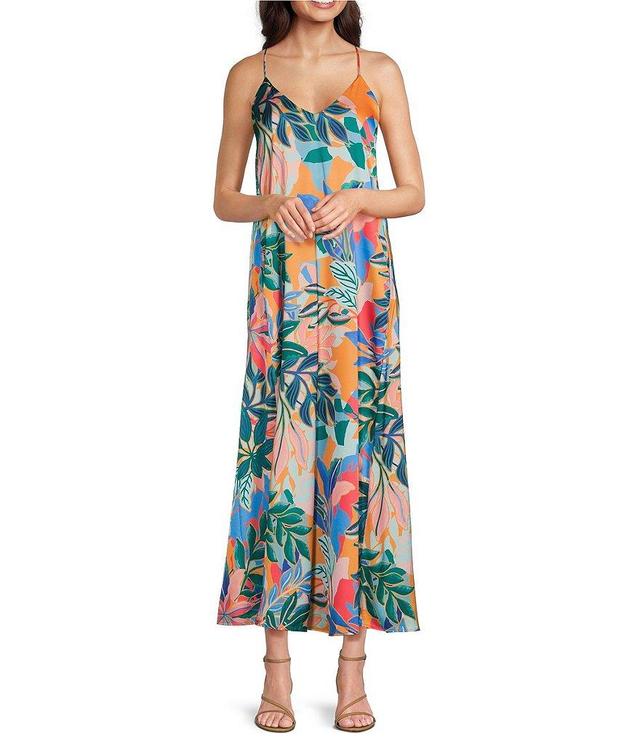 Leslie Fay Sleeveless V-Neck Printed Side Pocket Satin Shift Maxi Dress Product Image