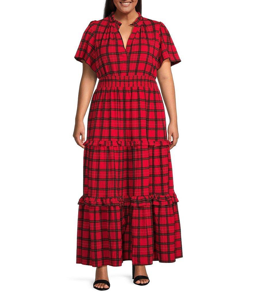 Sugarlips Plus Short Sleeve Plaid Smocked Waist Maxi Dress Product Image