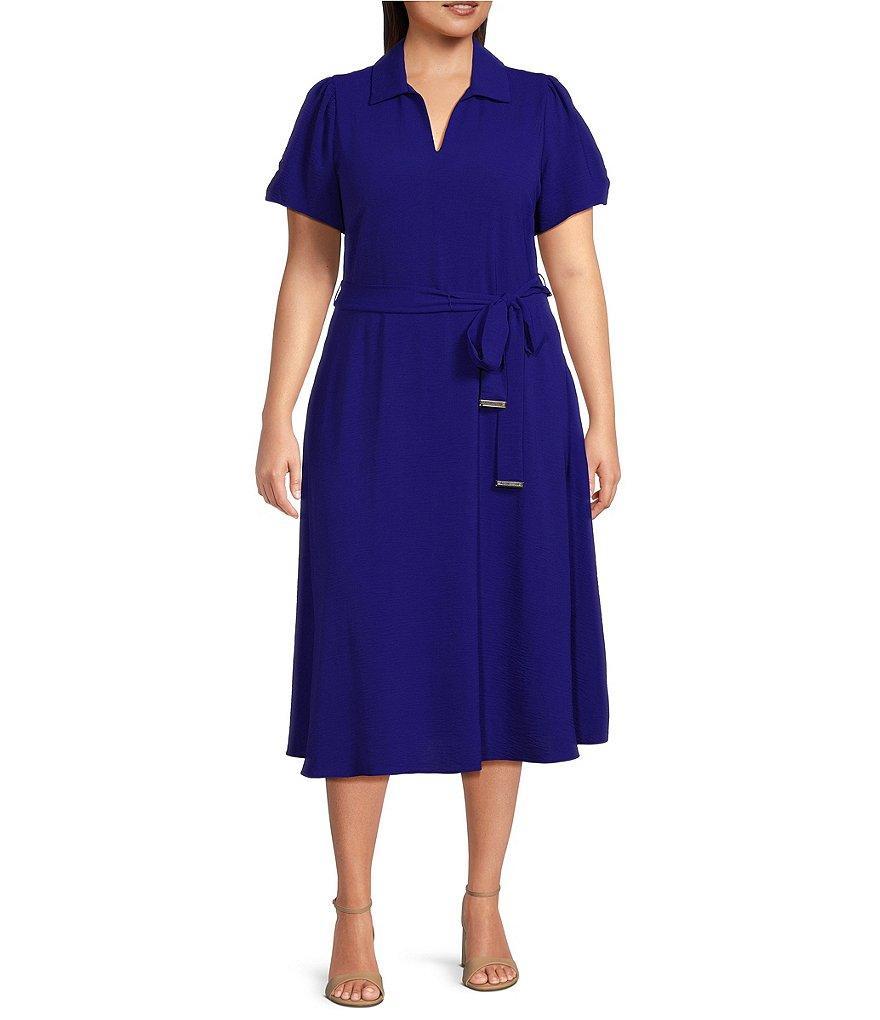 DKNY by Donna Karan Plus Size Short Sleeve Point Collar Tie Waist Fit and Flare Midi Dress Product Image