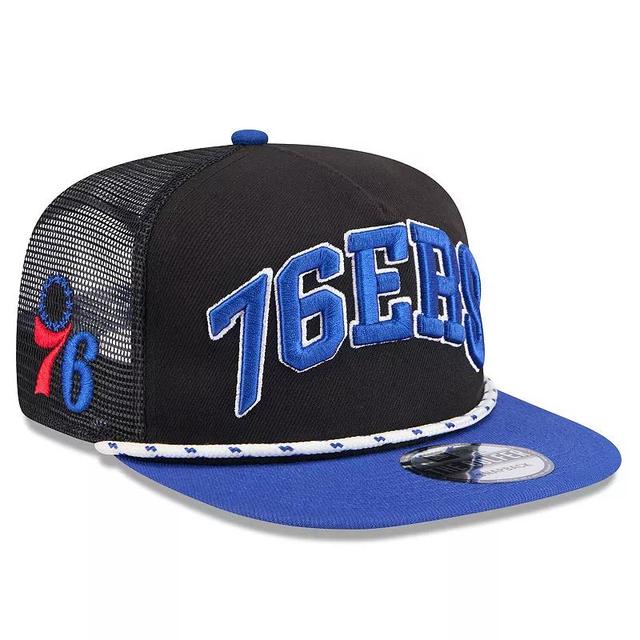 New Era Mens Black/Royal Philadelphia 76ers Throwback Team Arch Golfer Snapback Hat Product Image