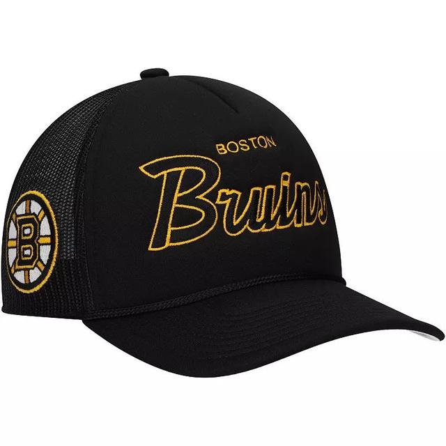 Mens Mitchell & Ness Boston Bruins Script Side Patch Trucker Adjustable Hat Product Image