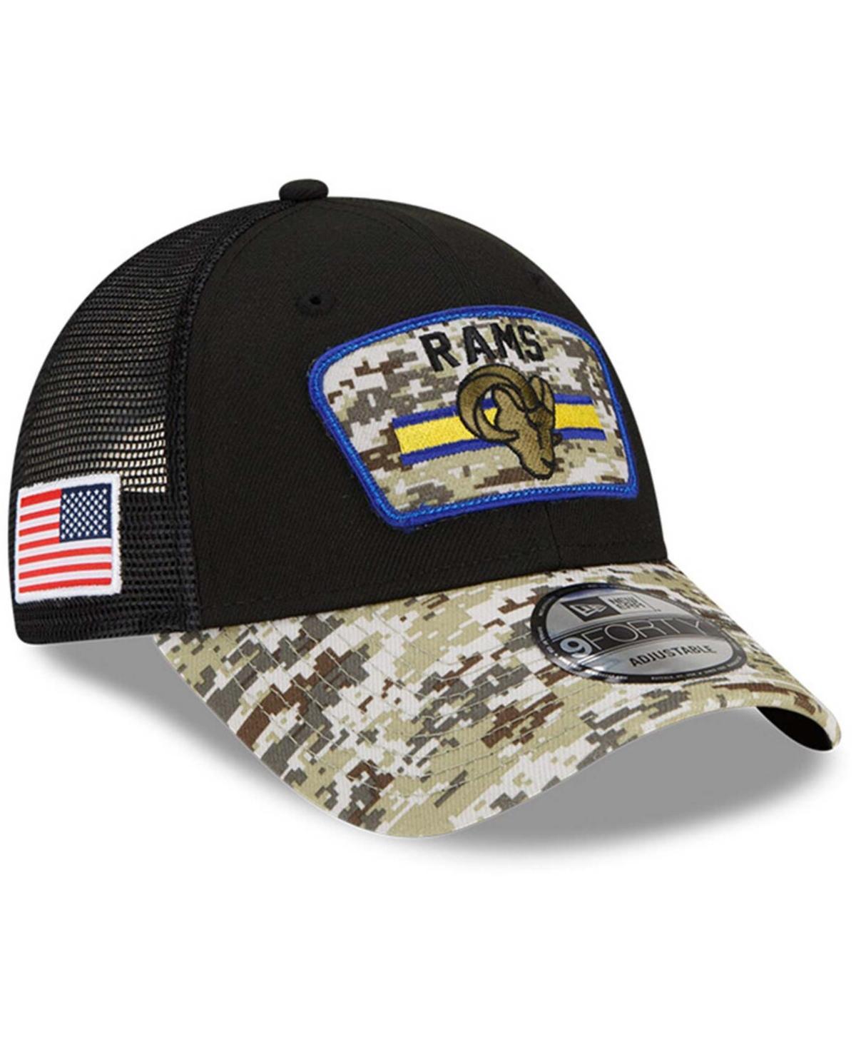 Mens New Era Black/Camo Los Angeles Rams 2021 Salute To Service Trucker 9FORTY Snapback Adjustable Hat Product Image