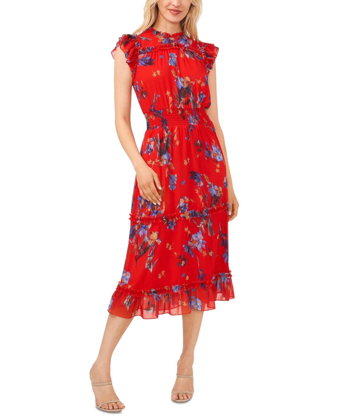 CeCe Women's Sleeveless Smocked-Waist Floral Midi Dress - Fiery Red Product Image