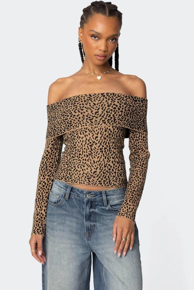 Leopard Printed Fold Over Knit Top Product Image