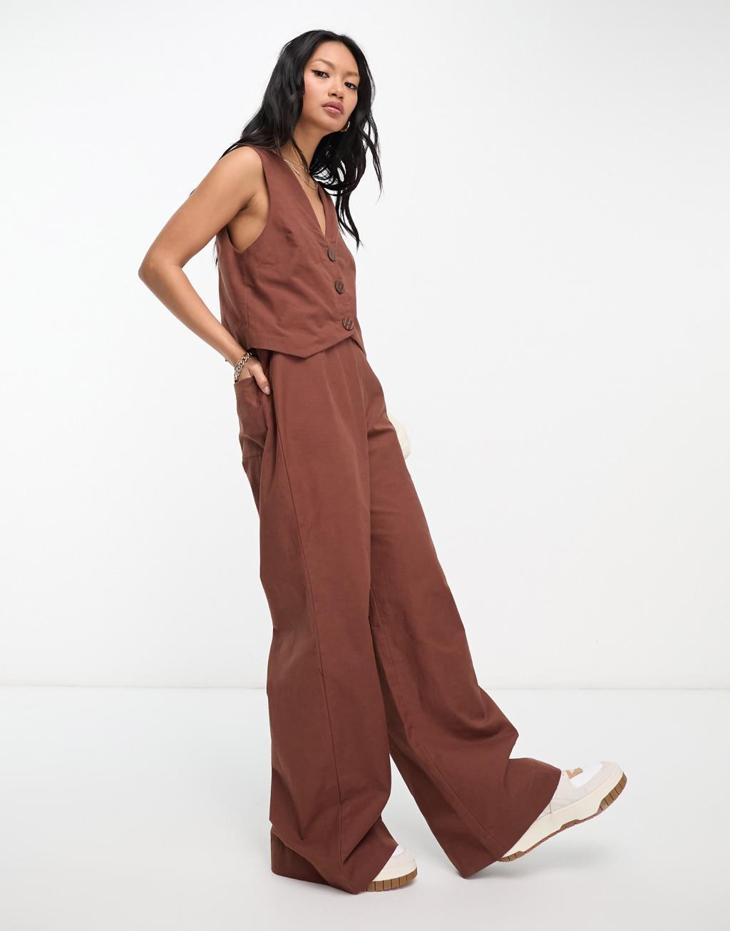 ASOS DESIGN 2 in 1 linen look vest jumpsuit in brown Product Image