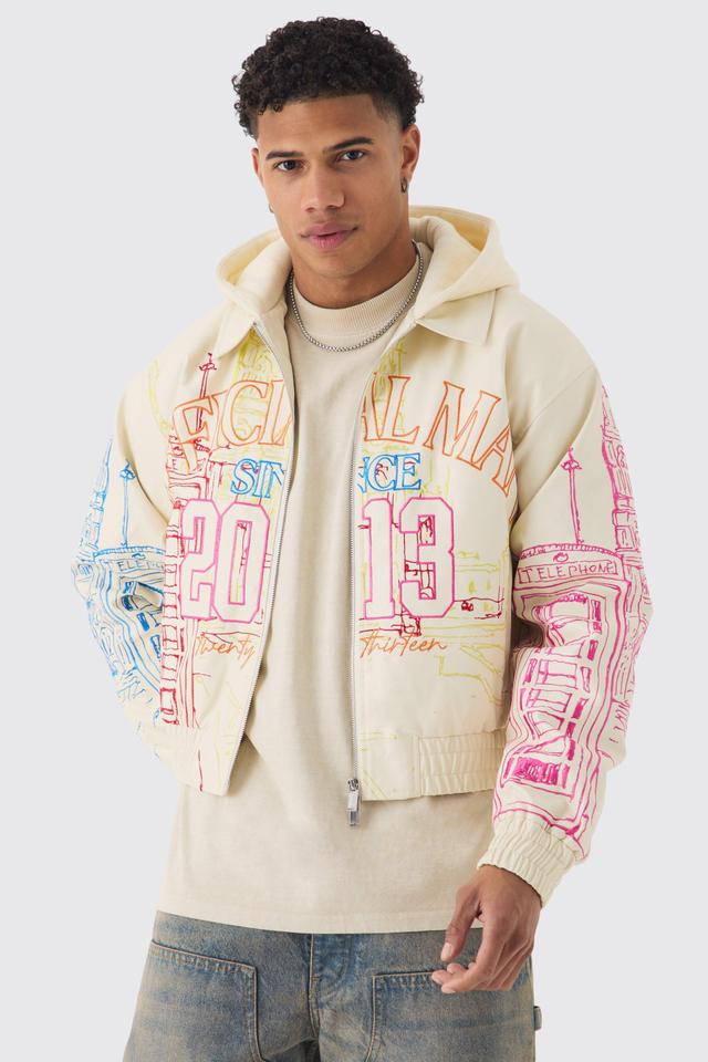 Official Man Boxy Hooded Embroidered PU Bomber Jacket | boohooMAN USA Product Image