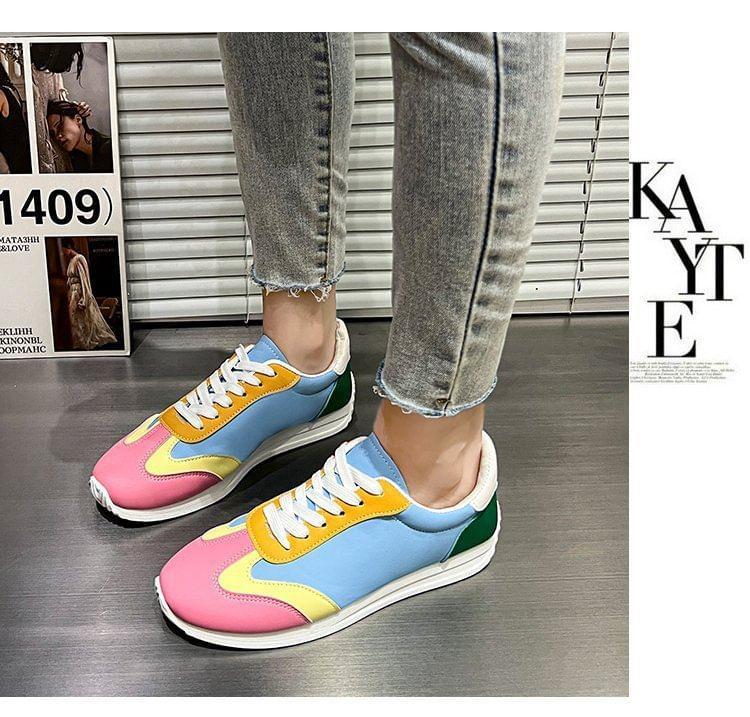 Color Block Lace-Up Faux Leather Sneakers Product Image