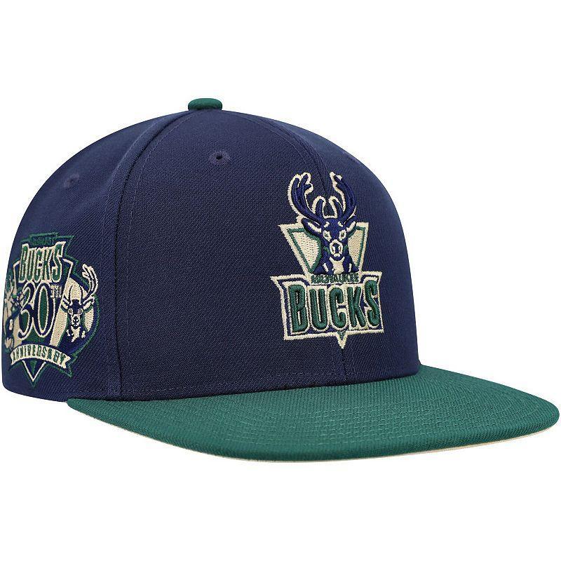 Mens Mitchell & Ness /Green Milwaukee Bucks 30th Anniversary Hardwood Classics Grassland Fitted Hat Blue Product Image