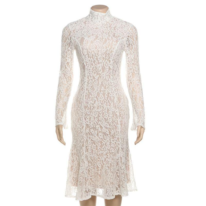 Long Sleeve Mock Neck Lace Overlay Midi Mermaid Dress Product Image