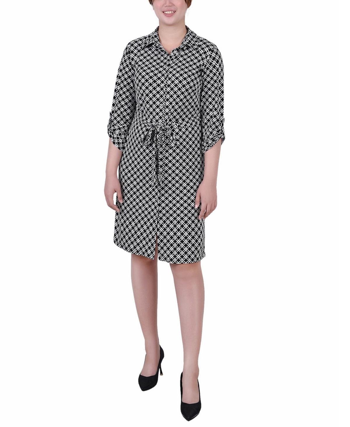 Ny Collection Petite Geometric Printed Long Sleeve Roll Tab Shirtdress Product Image