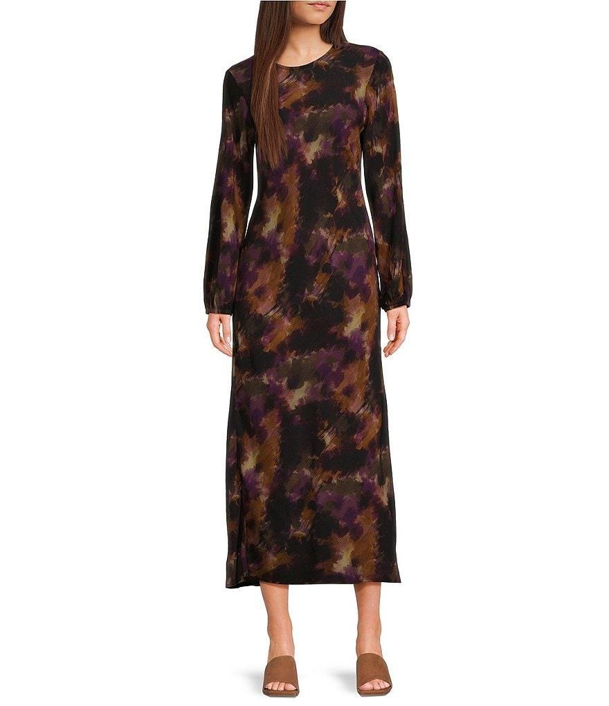 Cloth & Stone Woven Abstract Print Crew Neck Long Sleeve A-Line Hi Low Midi Dress Product Image