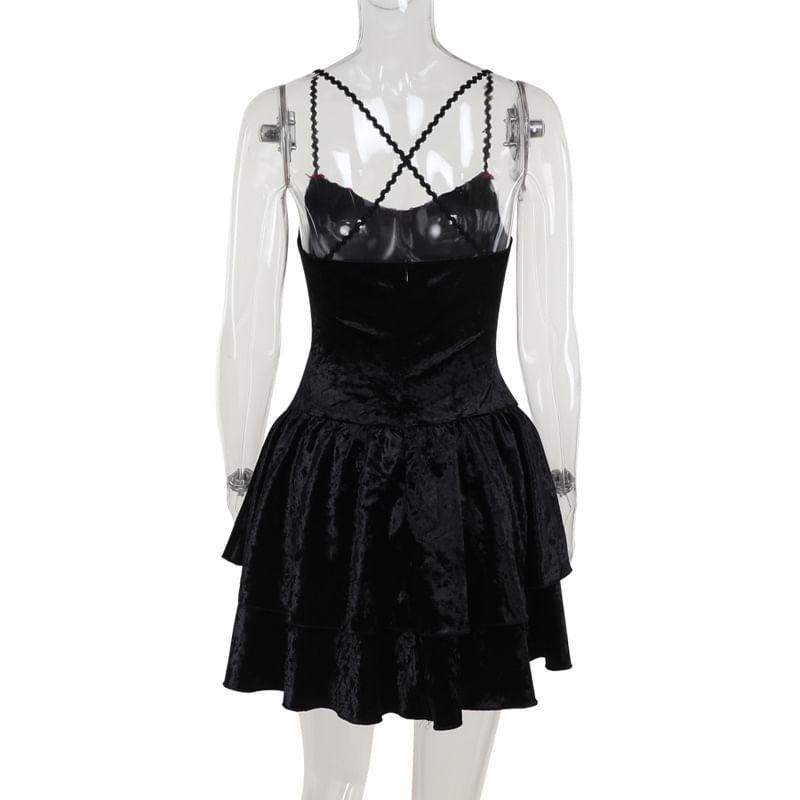 Spaghetti Strap V-Neck Velvet Mini A-Line Dress Product Image