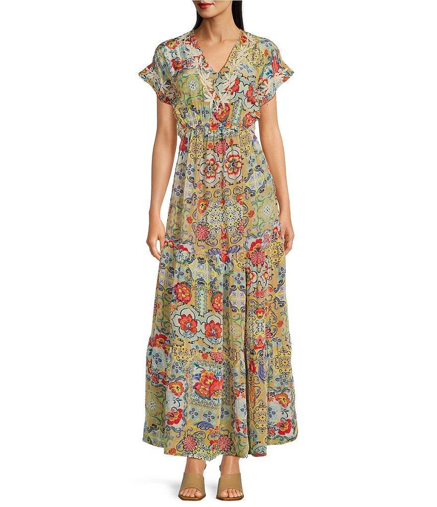 Karyn Seo Printed Floral and Geometric V Neckline Short Sleeve Maxi Dress Product Image