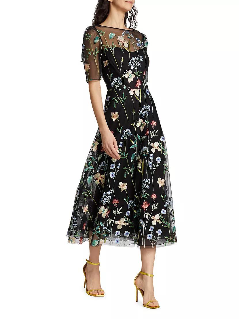 Floral-Embroidered Illusion Midi-Dress Product Image