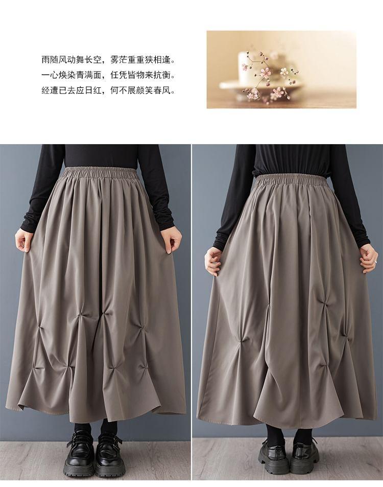 Elastic Waist Plain Asymmetrical Ruched Midi A-Line Skirt Product Image