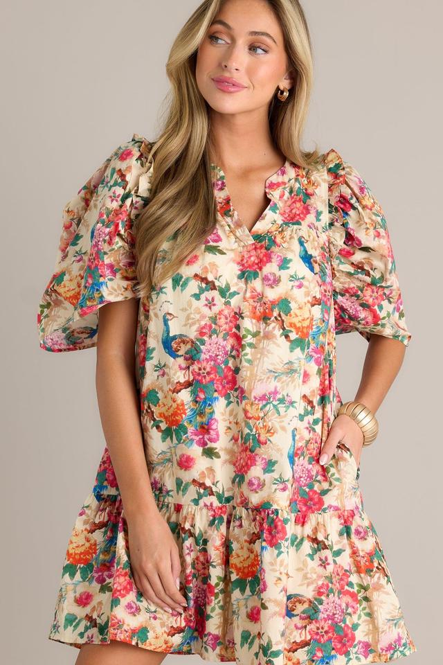 Butterfly Bliss 100% Cotton Ivory Floral Print Dress Product Image