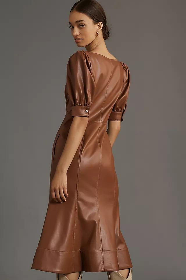 By Anthropologie Faux-Leather Puff-Sleeve Zip-Front Midi Dress product image