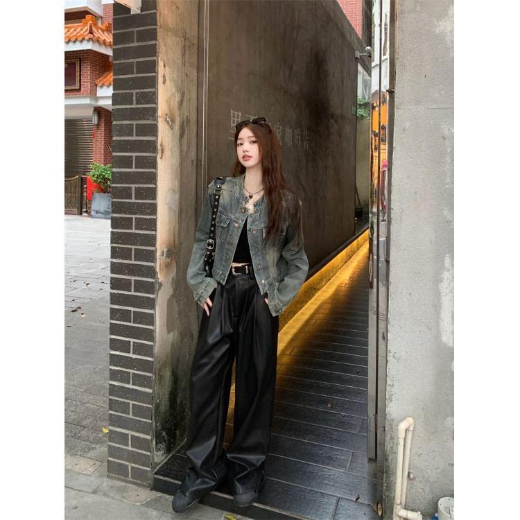 Stand Collar Washed Button-Up Denim Crop Jacket / High Waist Plain Faux Leather Wide Leg Pants / Belt / Set product image