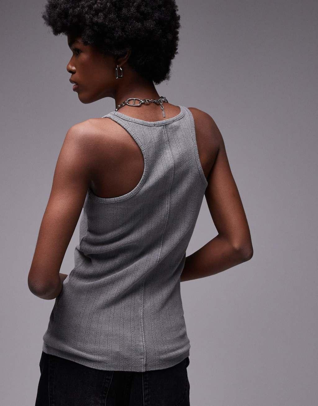 Topshop acid wash pointelle tank in charcoal Product Image