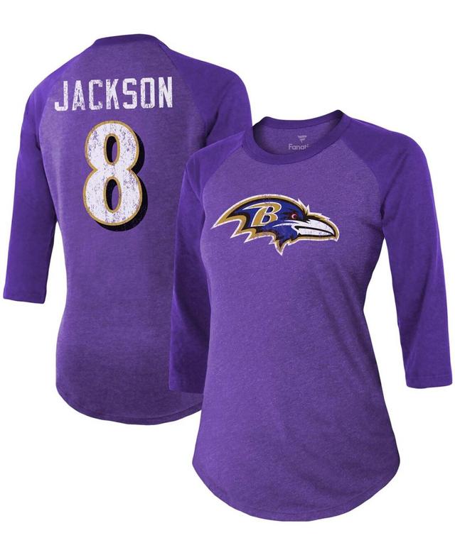 Womens Lamar Jackson Purple Baltimore Ravens Team Player Name Number Tri-Blend Raglan 3/4 Sleeve T-shirt Product Image