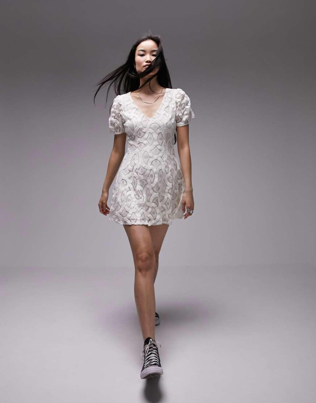 Topshop crochet jersey tea dress in ivory  Product Image