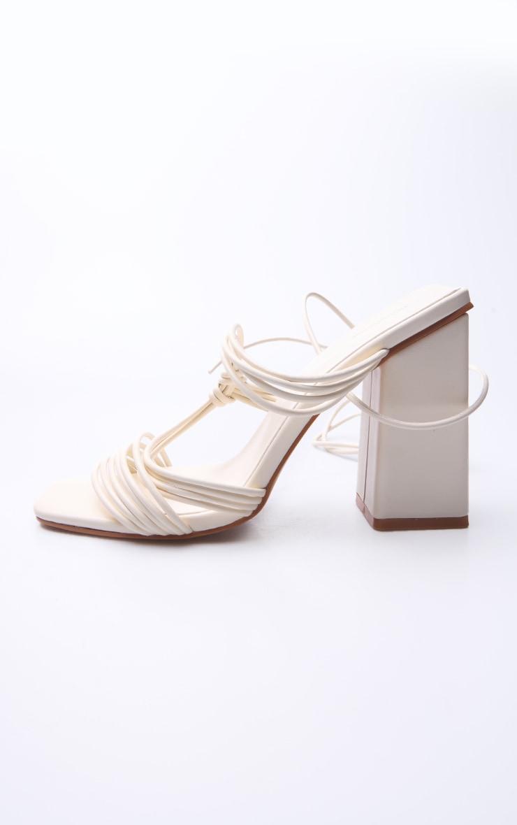 Cream PU Square Toe Strappy Lace Up Block Heeled Sandals Product Image