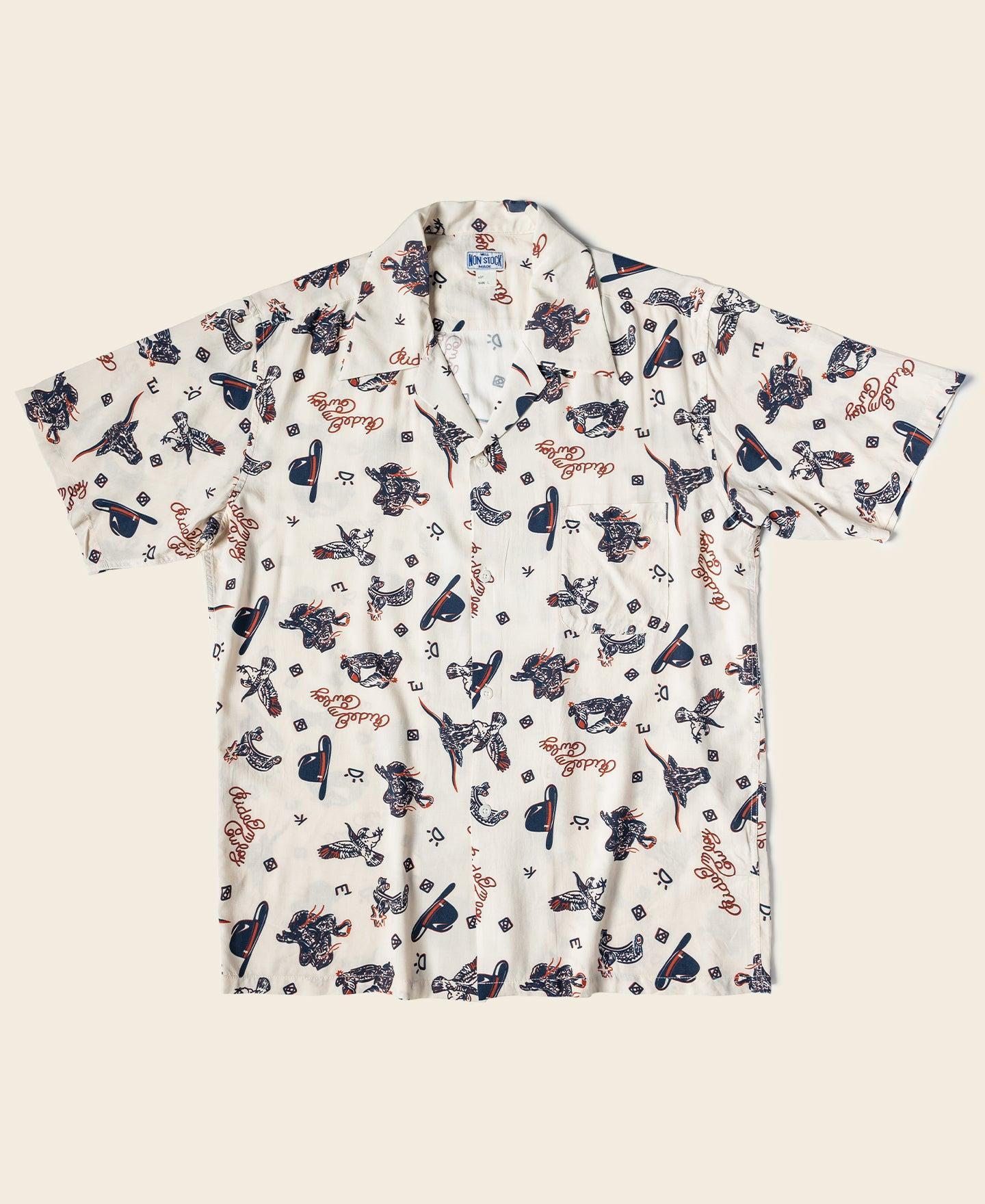 Cowboy Symbols Pattern Cuban Collar Shirt - Cream White Product Image