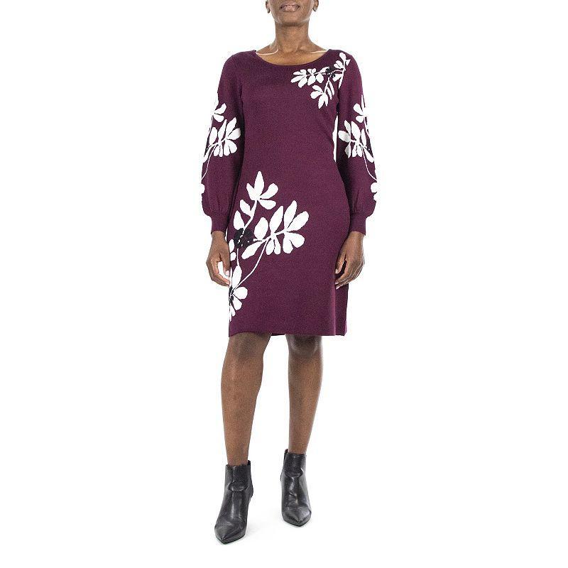 Womens Nina Leonard Floral Balloon-Sleeve Sweater Dress Product Image