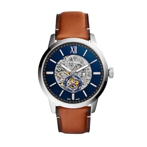 Fossil Mens Townsman Automatic Skeleton Dial Brown Leather Strap Watch Product Image