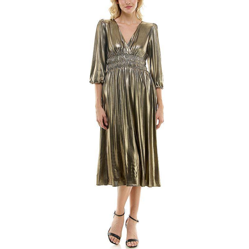 Womens Maison Tara Gold Knit V-Neck Fit & Flare Midi Dress Product Image