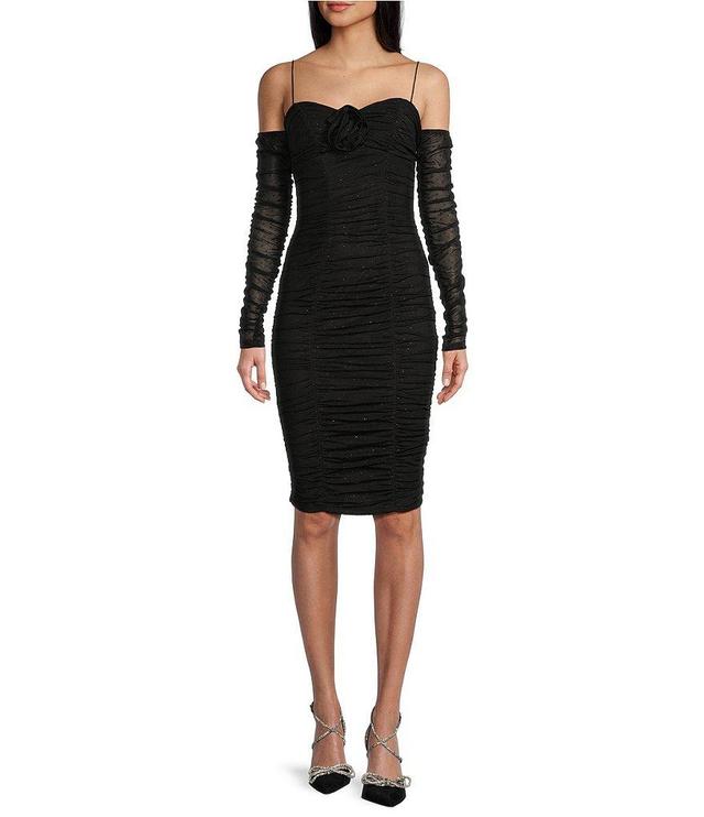 B. Darlin Strapless Glitter Mesh Long Sleeve Rosette Midi Dress Product Image