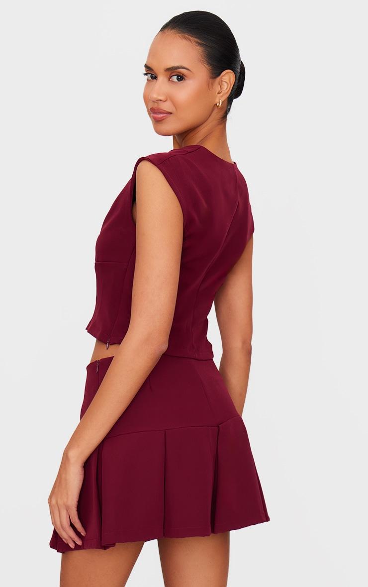 Burgundy Tailored Woven Plunge Cap Sleeve Cinched Waist Long Top Product Image