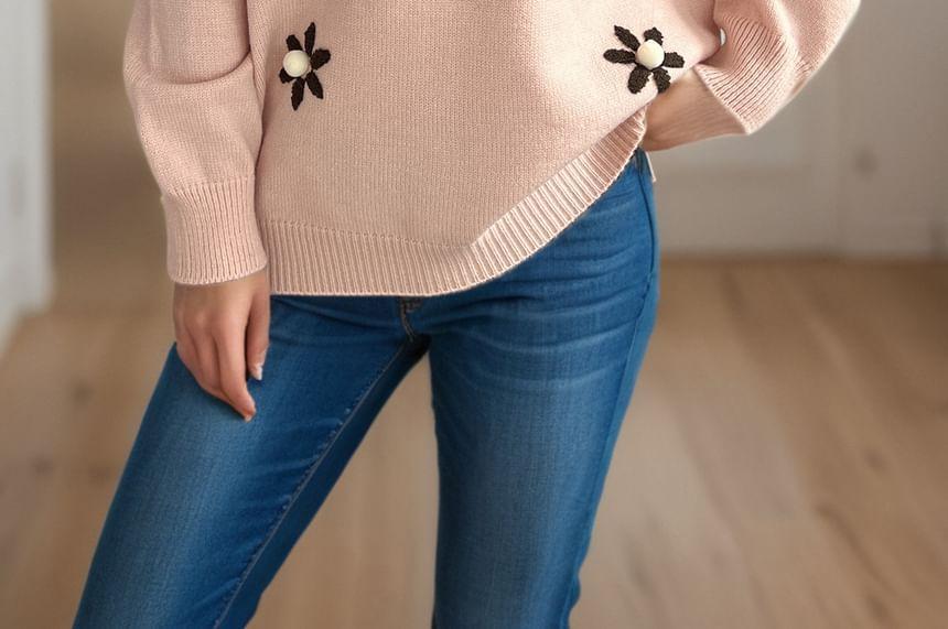 Crew Neck Floral Embroidered Pom Pom Sweater Product Image