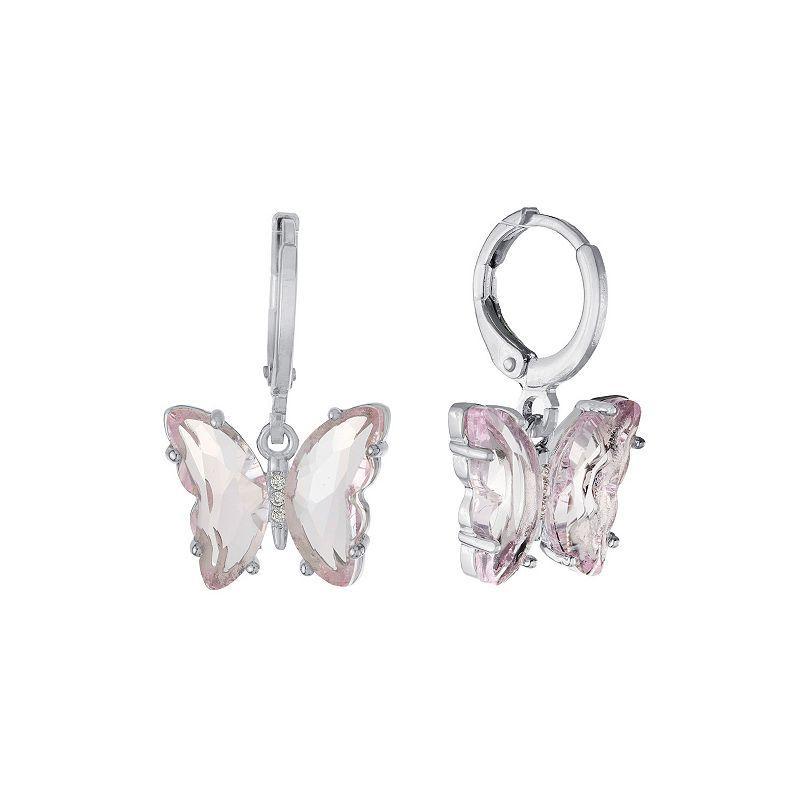 Main and Sterling Light Pink Crystal Butterfly Drop Earrings, Womens, Silver Tone Product Image