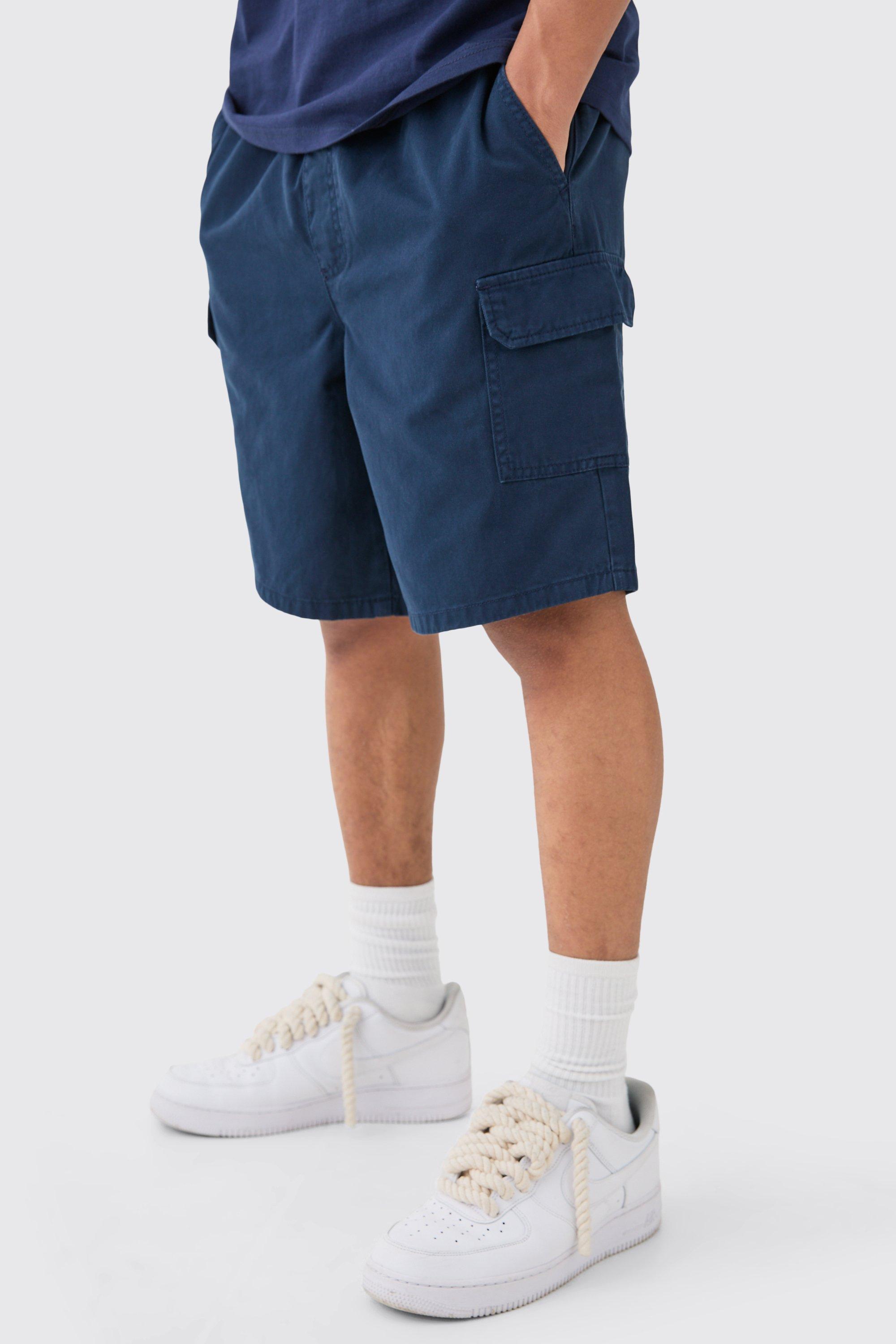 Mens Navy Relaxed Fit Elasticated Waist Cargo Shorts, Navy Product Image