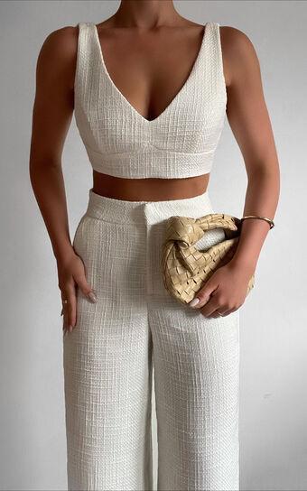 Adelaide Two Piece Set - Crop Top and Wide Leg Pants Set in White Product Image