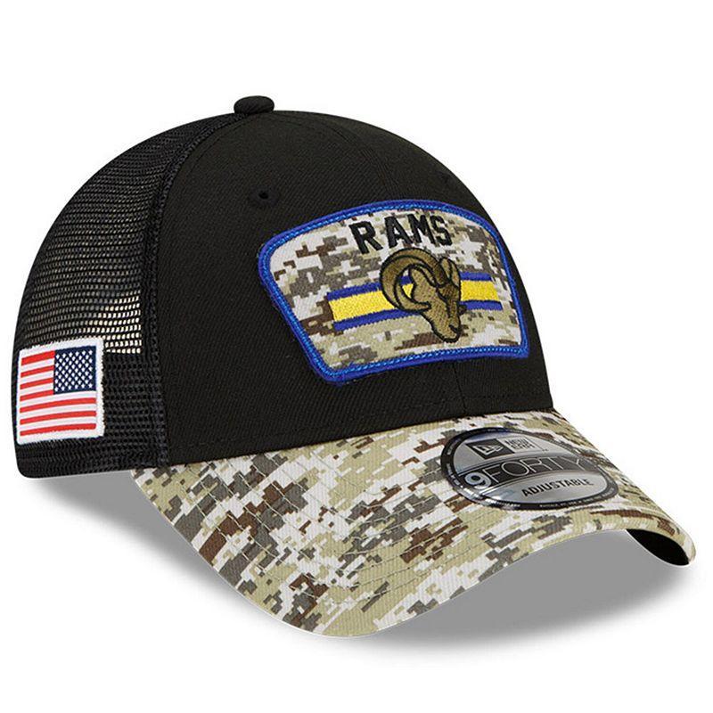 Mens New Era Black/Camo Los Angeles Rams 2021 Salute To Service Trucker 9FORTY Snapback Adjustable Hat Product Image